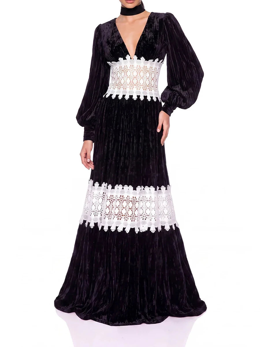 V Neck Lantern Sleeve Maxi Dress