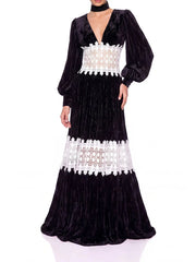 V Neck Lantern Sleeve Maxi Dress