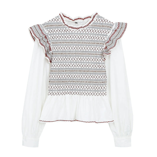 Embroidered Ruffle Mock Neck Long Sleeve Top - Front View