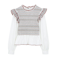 Embroidered Ruffle Mock Neck Long Sleeve Top - Front View