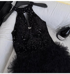 Sequined Halter Neck Ruffle Detail Mini Dress