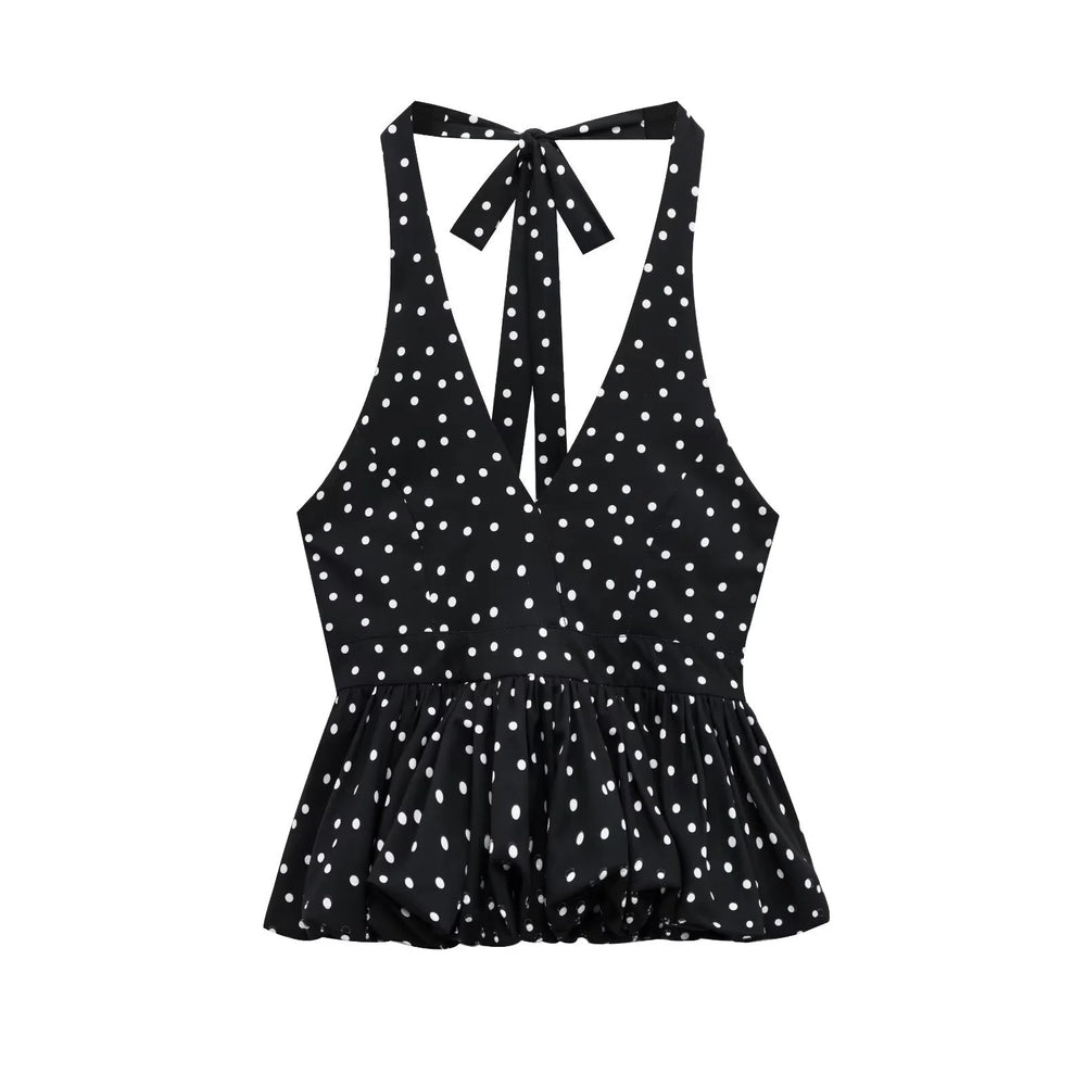 Black polka dot halter top on a white background