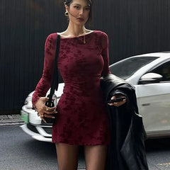 Wine Red Print Long Sleeves Knitted Dress