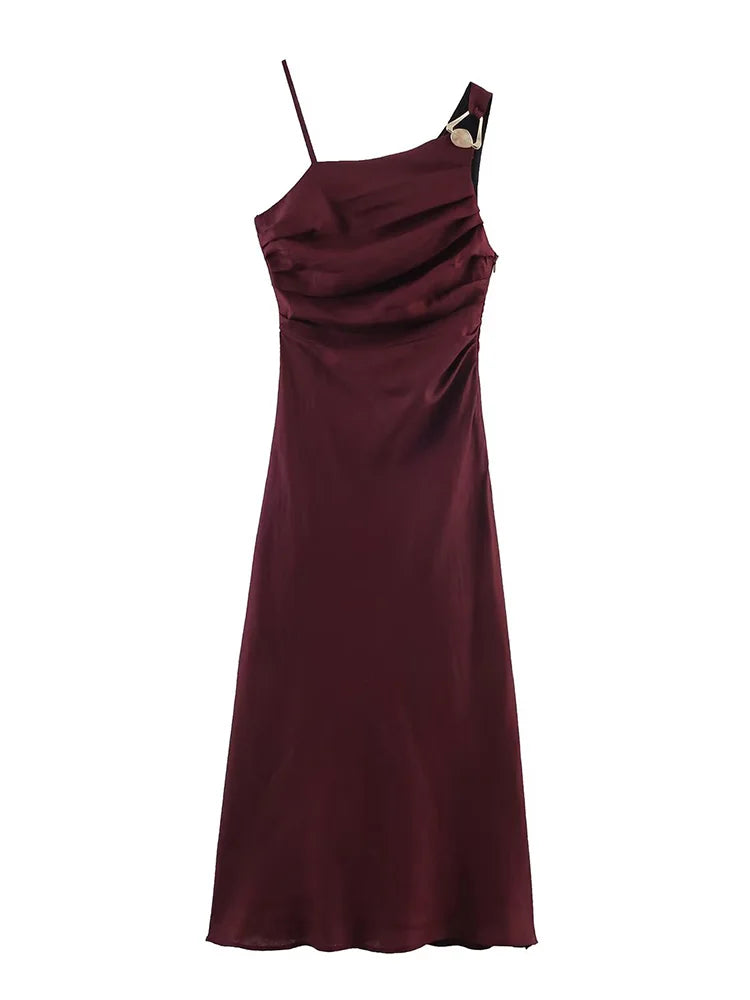 Maroon evening gown with thin straps on a white background