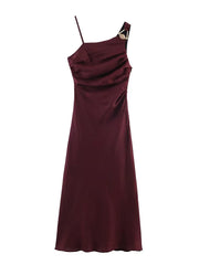 Maroon evening gown with thin straps on a white background