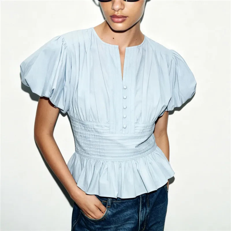 Smocked waist puff sleeve peplum top