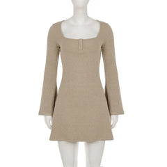 Beige Knit Square Neck Flare Sleeve Mini Dress