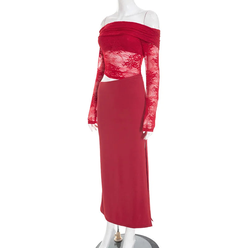 Red off-shoulder dress on a mannequin against a white background