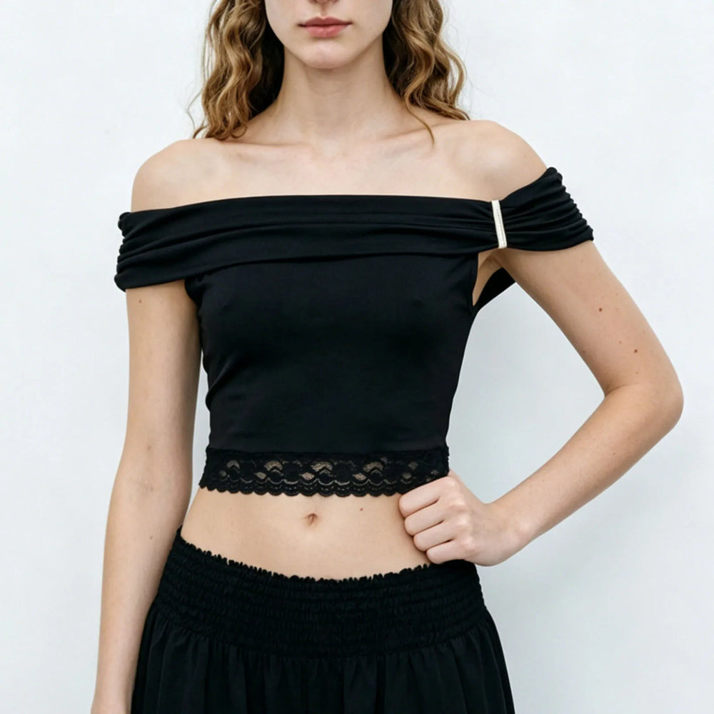 Front view of black off shoulder ruched sleeve lace trim cropped top