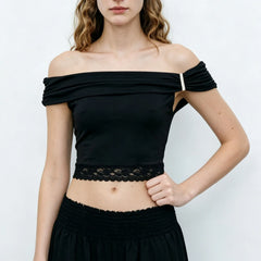 Front view of black off shoulder ruched sleeve lace trim cropped top