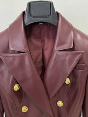 Double-breasted lion button pu leather blazer