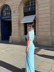 Shawl Blue Pleated Long Dress