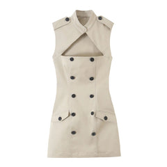 Cap Sleeve Buttoned Stand Collar Mini Dress