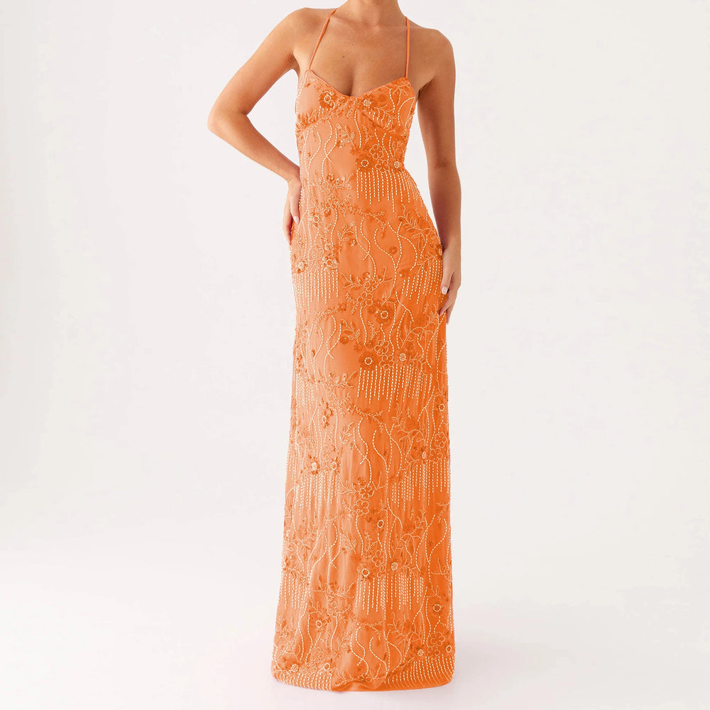 Orange lace dress on a white background