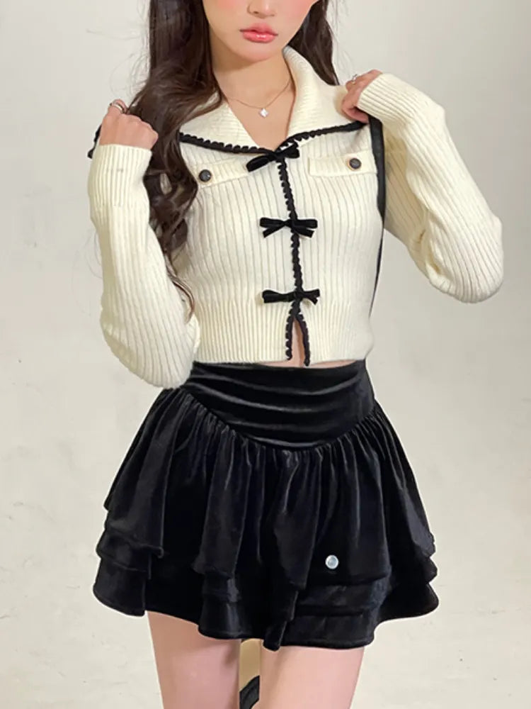 Pure Color Knitted Sweater Long Sleeve Bow Design Crop Cardigan