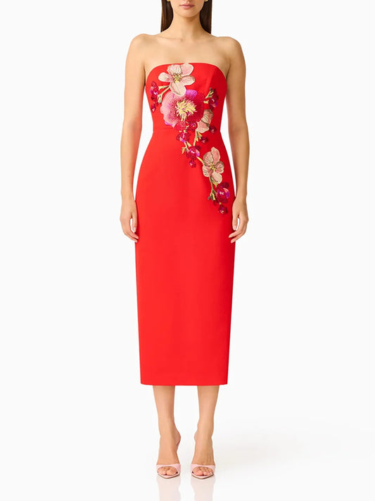 Midi Dress Strapless Floral Embroidery