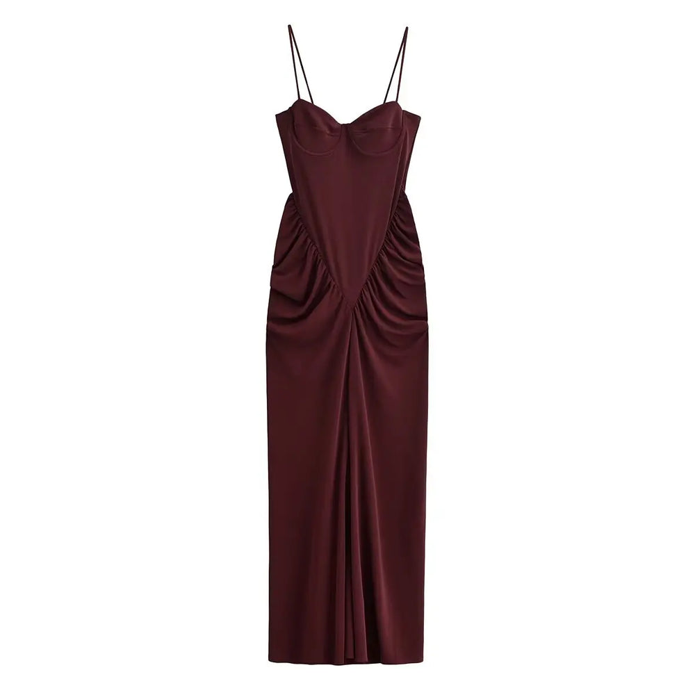 Maroon evening gown with thin straps on a white background