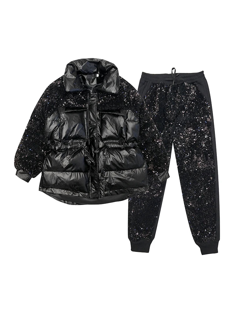 Drawstring Cotton-Padded Sequined Coat Pant Two-Piece Set