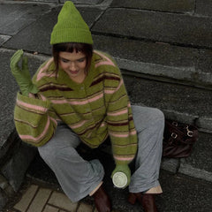Green Striped Knit Cardigan
