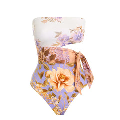 Close-up of the floral print bikini top and skirt detail