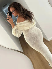 Open Shoulder Long Sleeve Knitwear Dress-Golden Atelier