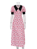 Women V-Neck Patchwork Printed Short Sleeve Maxi Dress