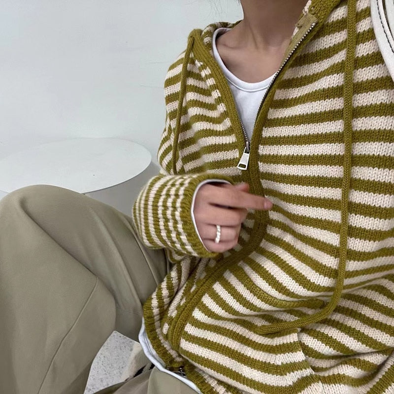 Stripes Hooded Knit Cardigan Zipper Oversized Long Sleeve Sweater
