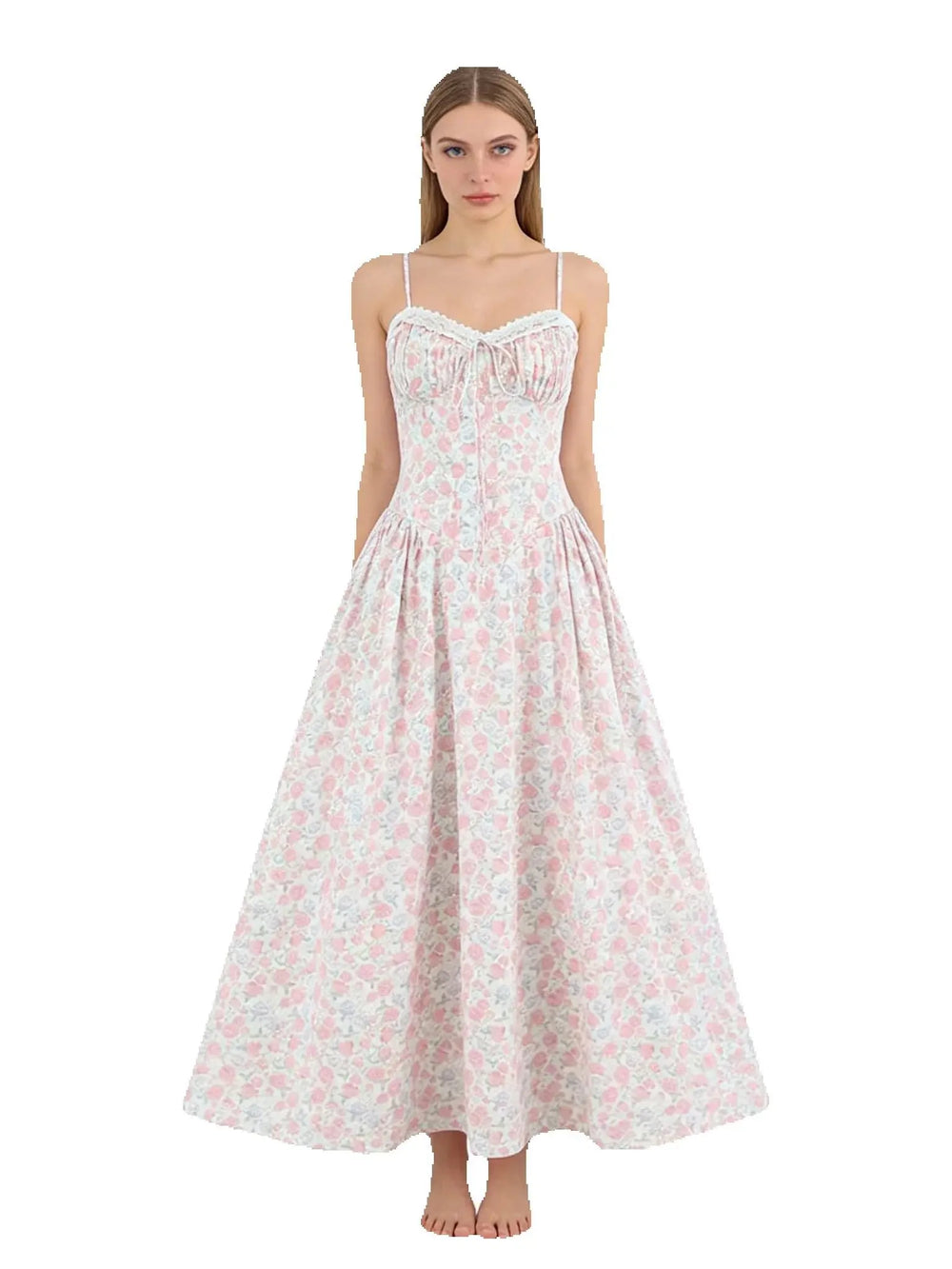 Ruched bodice lace-up back a-line midi dress on model