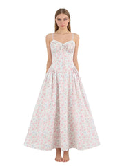 Ruched bodice lace-up back a-line midi dress on model