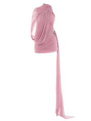 Pink one-shoulder dress with a draped design on a white background
