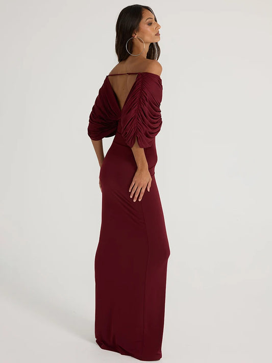 Burgundy draped off-shoulder ruched maxi dress side view