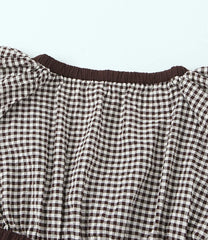 Brown and white checkered blouse with ruffled neckline on a light blue background
