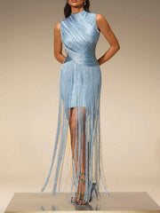 Mock Neck Fringe Maxi Dress