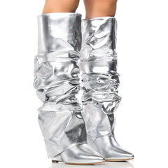 Camouflage Pleated Wedge Knee High Boots