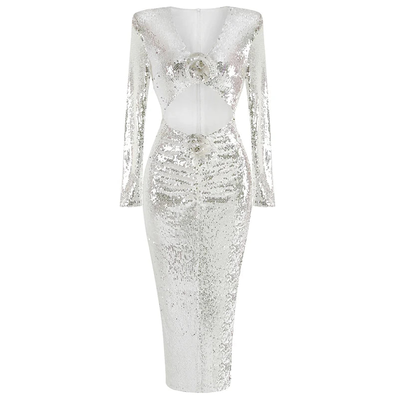 Front view of a sequin V-neck cutout midi dress on a mannequin.