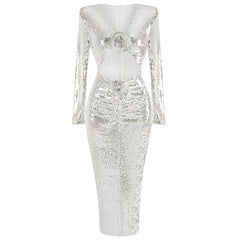 Front view of a sequin V-neck cutout midi dress on a mannequin.