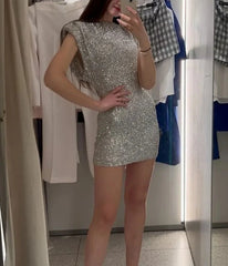 Women Solid Silvery Sequins Short Dress