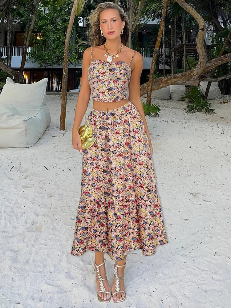 Floral Print Tank Top Long Skirt Two Piece Set