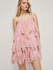 Pink lace trim halterneck mini dress
