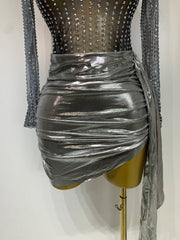 Sequin Sheer Long Sleeve Turtleneck Metallic Draped Mini Dress