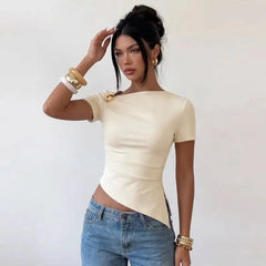 Asymmetric Neckline Button Detail Top