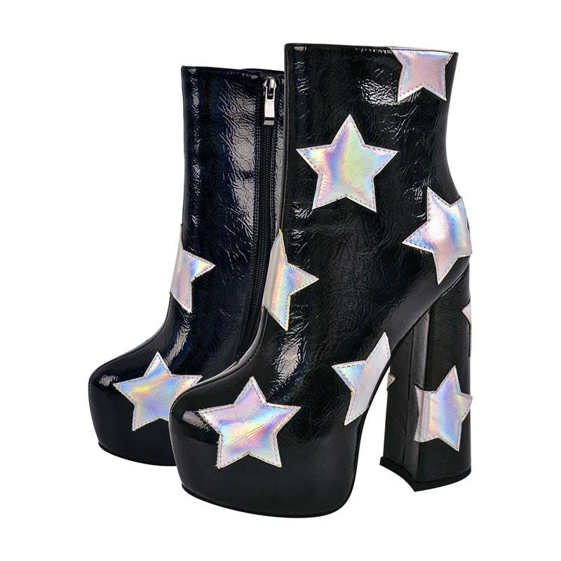 Black platform boots with star-shaped cutouts on a white background