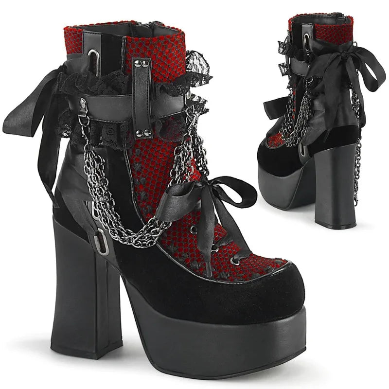 Chain Lace Up Bow Round Toe Square Heel Shoes