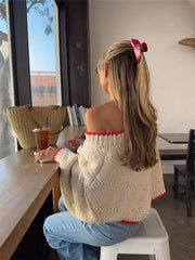 Contrast Seam Jacquard Cropped Sweater