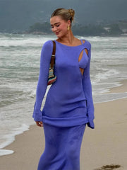 Purple Bell Sleeve Maxi Dress - Solid Button Detail