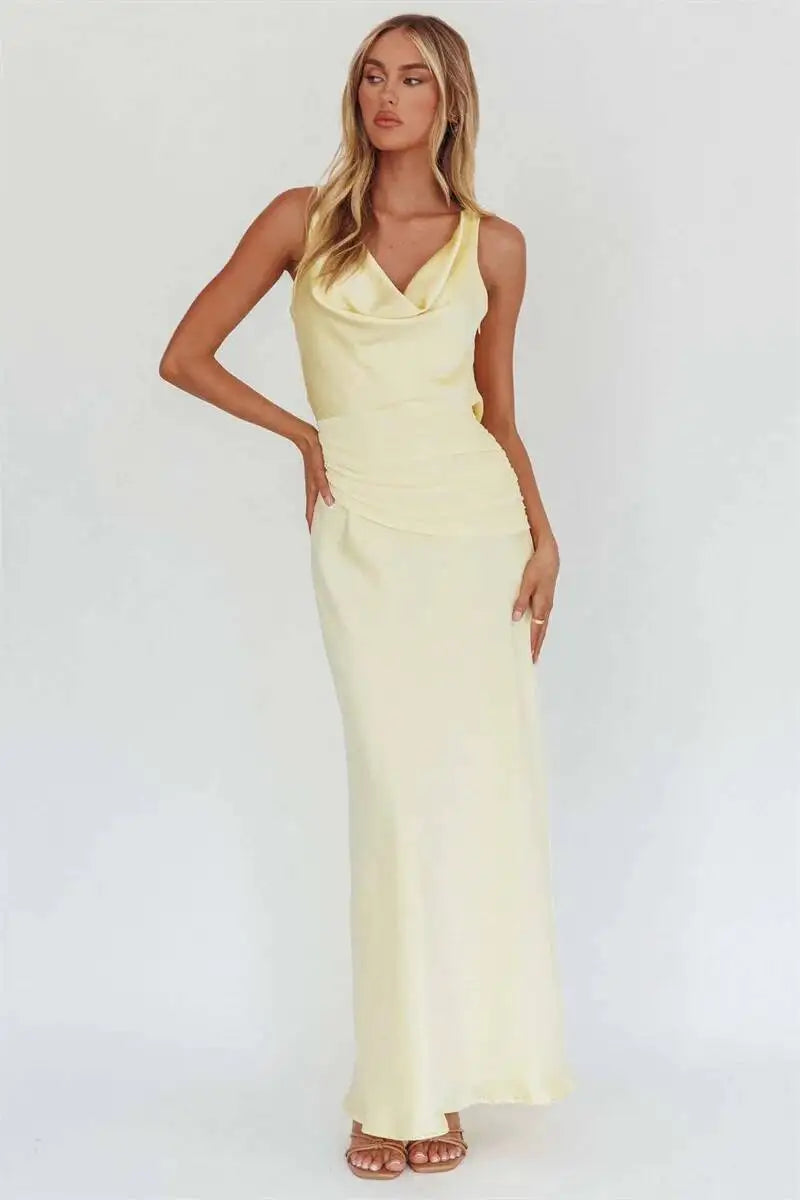 Cowl neck maxi dress with sleeveless design and ruched waist