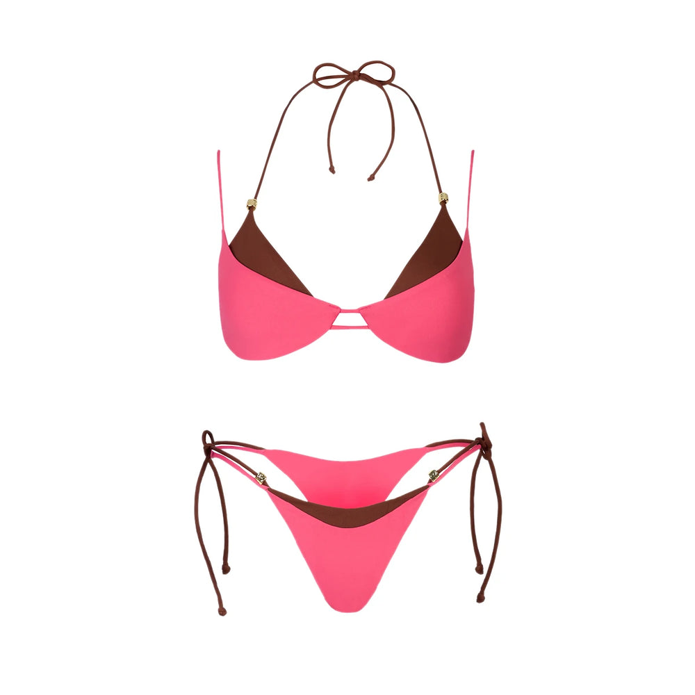Pink and brown contrast trim bikini top and bottom
