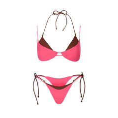 Pink and brown contrast trim bikini top and bottom