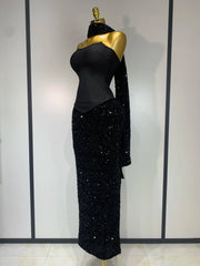 Strapless sequin maxi skirt, tube top & scarf.


