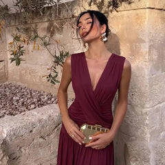 Draped V-Neck Ruched Waist Maxi Dress